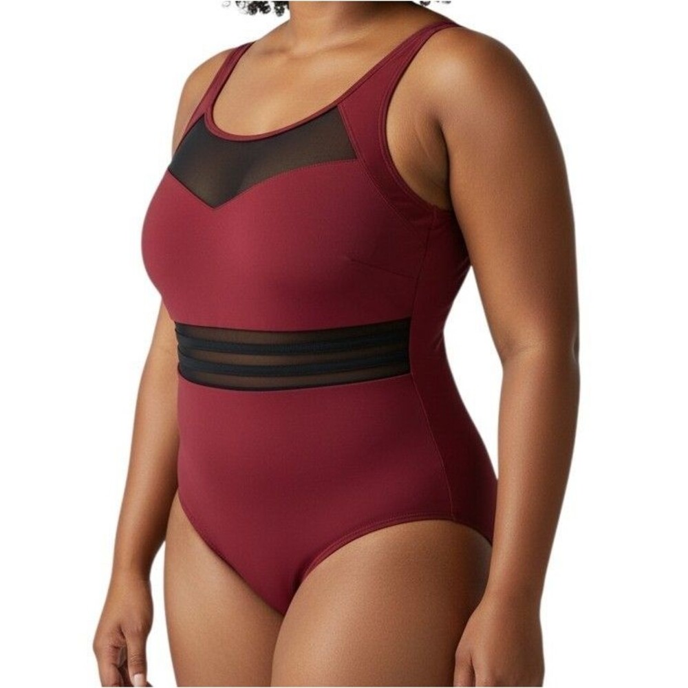 NEW Daci 1-Piece Swimsuit Womens XL Bust Supporter Tummy-Control Maroon Black